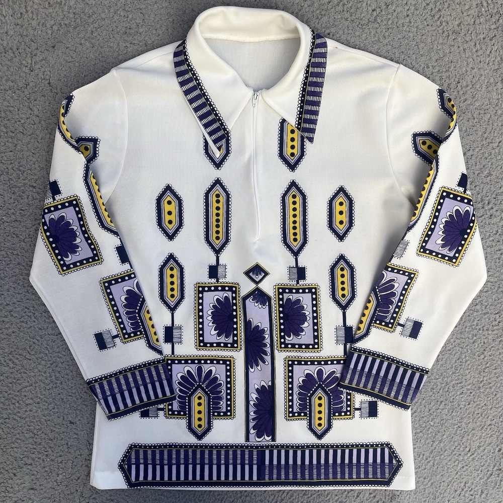 VTG 70s Collared Geometric Graphic Flower Floral White Yellow Blue 1/4 Zip Shirt